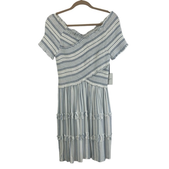 Japna Women SZ L Off The Shoulder Smocked Striped Cottagecore Flirty Dress NEW - Picture 1 of 12